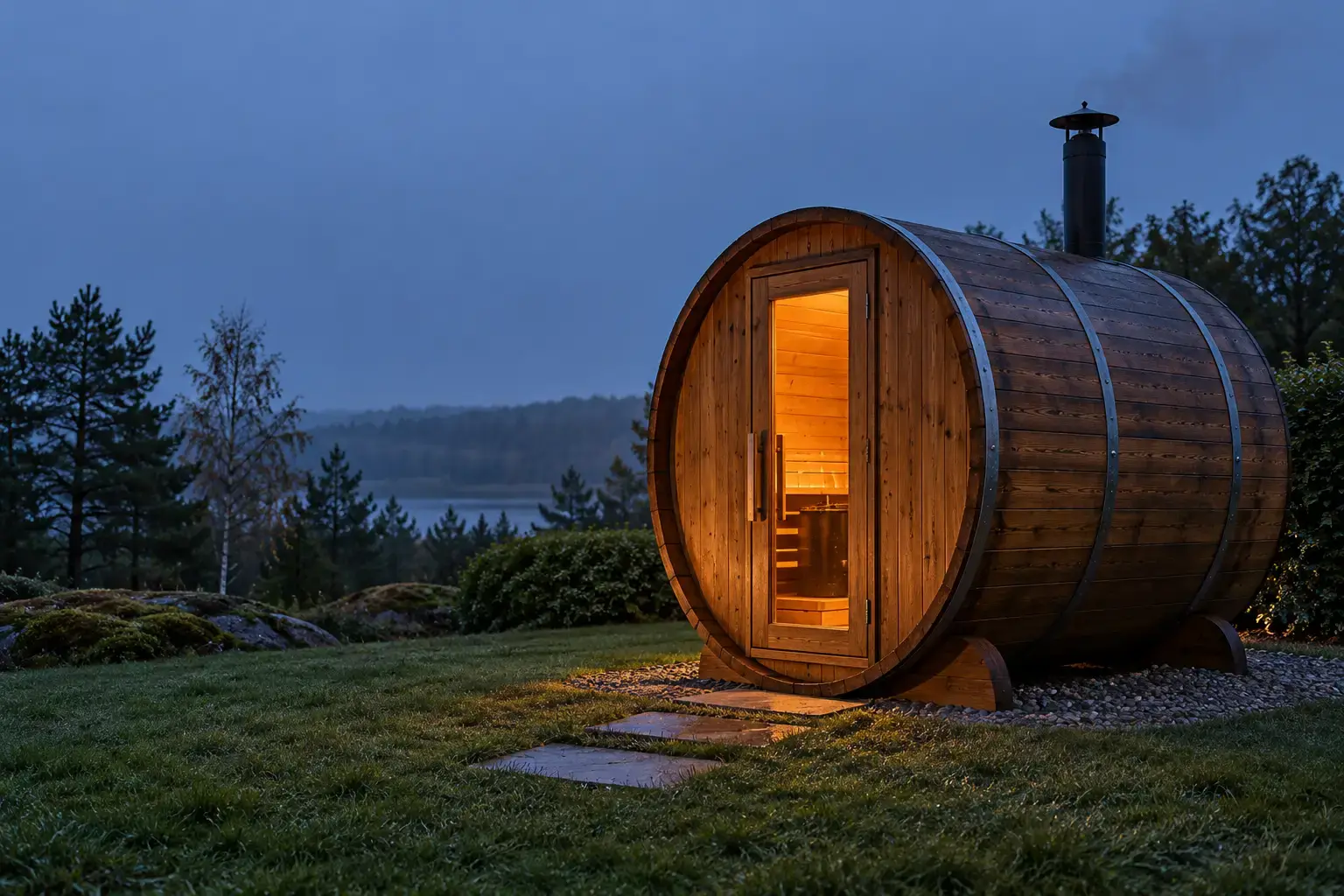 Fasssauna aus dunklem Thermoholz mit drei Spannbändern in einem Garten in der Abenddämmerung, warm beleuchtet durch die Glastür, mit Rauchrohr für den Holzofen
