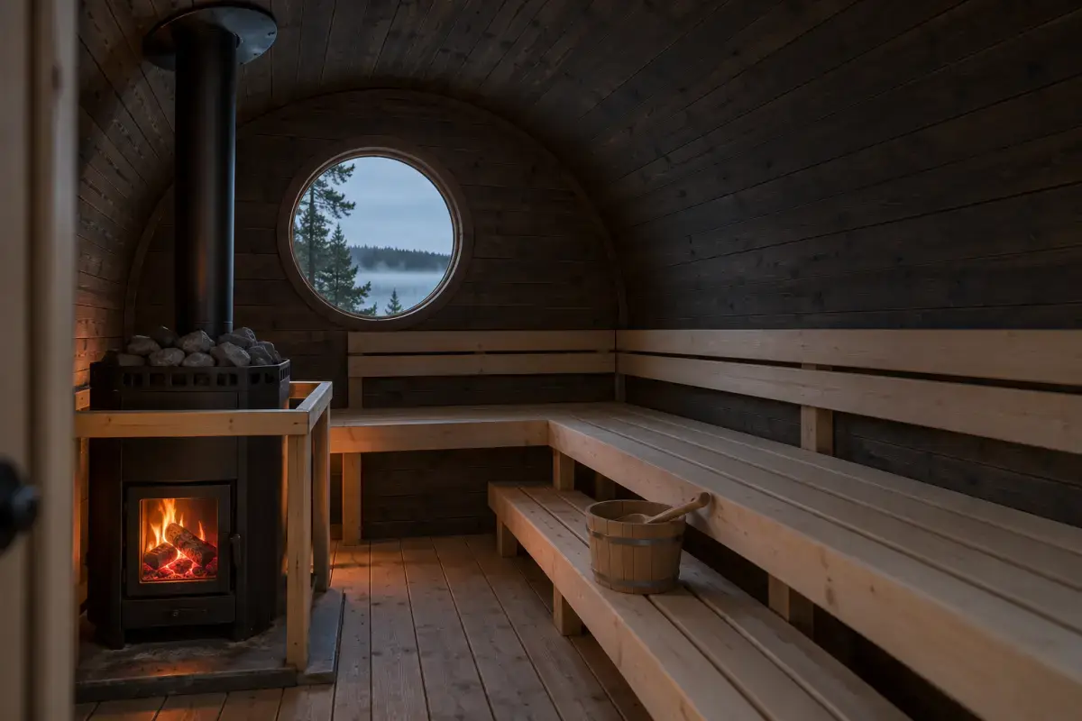 Innenraum einer Fasssauna mit zwei Bankebenen, Holzofen mit Steinkorb und Schutzgeländer, sichtbarer Glut und senkrechtem Rauchrohr durch die Decke