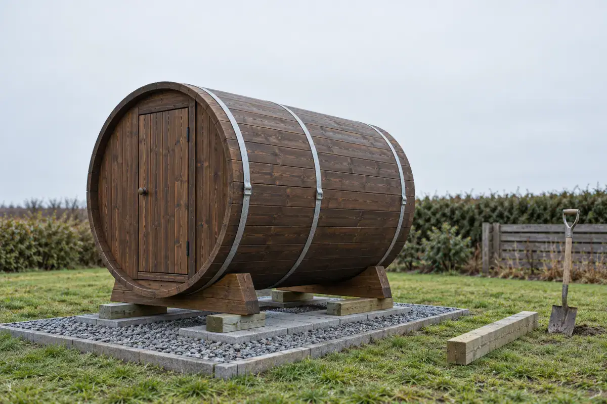 Fasssauna auf einem Unterbau aus Kiesbett, Betonplatten und waagerechten Kanthölzern, auf denen die beiden Holzauflagen des Fasses stehen